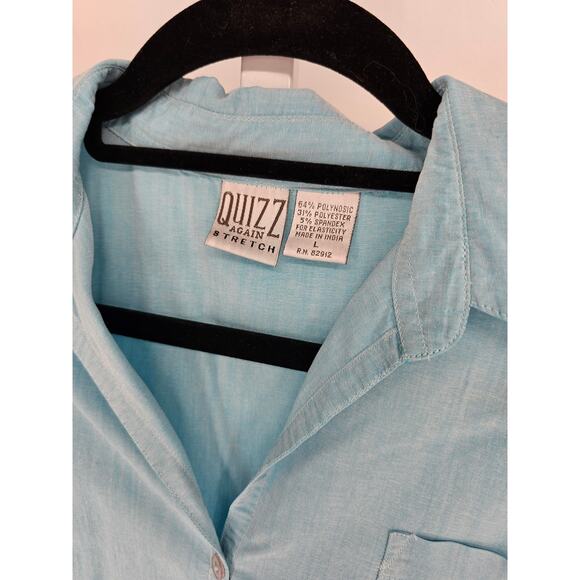 Quizz Womens Sz L Short Sleeve Button Up Blouse Light Blue Vintage - Picture 2 of 3